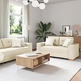 CKioict Moderne Sofagarnitur mit Kissen in Beige und Grau 3-Sitzer und 2-Sitzer Set aus Leinenstoff mit Holzrahmen und Reißverschlusskissen für Wohnzimmer