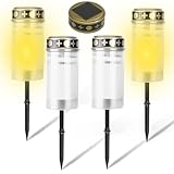 GOMETY 4er-Set Grabkerze, Solar LED Grablicht mit Erdspieß LED-Grablicht Dauerlicht Solar-LEDgrablichter Grableuchten für Grab Beleuchtung Außenbereich für Grabdeko Erinnerung Andenken (Weiß)