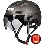 ILM Fahrradhelm mit Visier und LED Licht Mountain&Road Fahrradhelme für Damen und Herren Fahrradhelm für Pendeln in der Stadt E3-10L,Titan L-XL