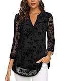 Vafoly Business Casual Tunika Damen Bluse Elegant V-Ausschnitt 3/4 Arm Casual Arbeit Oberteil Loose Fit Sommer Blumen Tops Flowy Doppellagig Mesh Tunika Sommer Beflockte Schwarze Blumen L