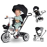 Vinteky Dreirad 6in1 Kinderdreirad mit Schubstange Lenksystem, drehbarer Komfortsitz, Kinder Dreirad mit Elterngriff, Sonnendach, Gummiräder, Jogger vorwärts und Rückwärtsfahrt, Buggy Fahrrad