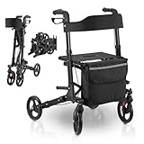 Juskys Rollator Vital schwarz - Gehhilfe faltbar & leicht aus Aluminium bis 130kg - Laufhilfe höhenverstellbar mit Sitz, Tasche & Regenschirmhalterung