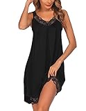 Ekouaer Damen Nachthemd Ärmellos Chemise Nachtwäsche Sexy Lose Full Slips Spitze Negligee V-Ausschnitt Nachtwäsche Soft Jersey Dessous Schwarz L