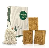 Green Fadel Aleppo Seife - Original - Olivenöl & Lorbeeröl, 3x200g, inkl. Seifensäckchen, handgemacht, vegan, pure Naturseife, für Gesicht & Körper, Handseife, Duschseife, Naturprodukt