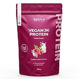Veganes Eiweißpulver Himbeer Joghurt 1kg - 80% Eiweiß - 3k-Proteinpulver Raspberry Yogurt - Protein Pulver 1000g ohne Milch & Lactose - Nutri + Vegan