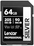 Lexar Silver SD Karte 64GB, UHS-I SDXC Card 205 MB/s Read Speed, 90 MB/s Write Speed, V30, U3, C10, 4K UHD Video, SD Card Memory Card with Lexar Lifetime Data Recovery