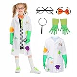 Wbesty Kids Mad Scientist Kostüm mit Brillengestell Fliege Handschuhe Lupenbrille 5Pc Kids Laborkittel Halloween Verkleidung, 4-6Jahre