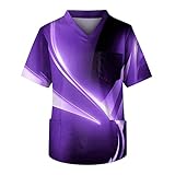 Kassak Set Pflege Modern Damen Frühling Graphic Druck Pflegebekleidung Kasak Mit Brusttasche Scrubs Pflegesschlupfkasack Leichte Kasack Herren Mit Taschen Krankenschwester Kleidung（4-Purple，5XL）