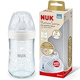 NUK Nature Sense Glas-Babyflasche mit Temperature Control, mit brustähnlichem Silikon-Trinksauger, Größe M, 240ml, BPA frei, weiß