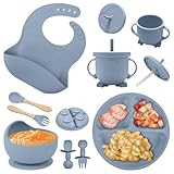 TTSTOIEE Silikon Baby Geschirrset, 8 Stück Kindergeschir (Baby Teller mit Saugnapf, Löffel, Gabel, Schüssel, Lätzchen, Trinkbecher), BPA-Frei, Spülmaschinen Und Mikrowellen blau