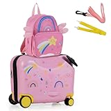 COSTWAY 2tlg Kinderkoffer + Rucksack, 12'+18' Kindertrolley mit Rollen & wasserdichter Hartschale, Kindergepäck mit Tragegurt, Seil & Fußstützen, Rollkoffer für Jungen Mädchen (Stern)