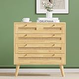 Soweiz Komplettschlafzimmer Set, 4-TLG. Modernes Rattanbett+Nachttisch+Kommode+Kleiderschrank, 160x200cm Doppelbett, Kiefer+Spanplatten+PE-Rattan, Natur (Kommode)