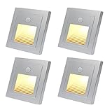 4x 1,5W LED Treppenlicht mit bewegungsmelder Warmweiß 3000K LED Wandeinbauleuchte Wandeinbaustrahler Silber Stufenlicht Lampe Treppenbeleuchtung für 60mm Runde, 86mm Eckig Unterputzdose 230V für Innen