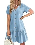 Hotouch Leinen Sommerkleid Damen Elegant Blusenkleid Button Down Minikleid Kurzärm Strandkleid V-Ausschnitt Hemdkleid Hellblau XL