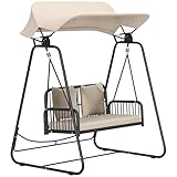 Outsunny Hollywoodschaukel Rattan 2-Sitzer Gartenschaukel mit verstellbar Sonnendach Kissen Hängebank bis 240 kg belastbar Hängeschaukel Schaukelbank für Garten Balkon 149 x 121 x 180 cm Khaki