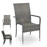 Juskys Polyrattan Gartenstühle Yoro 4er Set mit Armlehnen & Rückenlehne - 4 Stühle stapelbar - Rattan Stuhl Garten - Stapelstuhl Grau-meliert