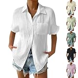 Lang Bluse Damen Lässige Sommer Hemdbluse Baumwolle Leinenbluse Einfarbig Elegant Kurzarm Shirts V-Ausschnitt Button Down Hemd Tops Bequem Leinen Tunika Sommershirts für Urlaub