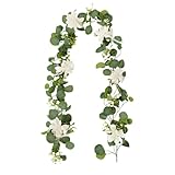 FGUUTYM 6ft Artificial Garland with White Flowers Faux Greenery Garland Realistic Leaves Vines Table Runner for Wedding Arch Wall Room Decor Wickeltisch Heizstrahler Klemmen (C, One Size)
