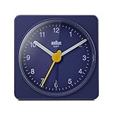 Braun Klassischer analoger Reisewecker, kompakte Größe, ruhiges Quarzuhrwerk, Crescendo-Alarm in Blau, Modell BC02BL