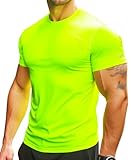 RGJU Herren-Laufshirt, schnelltrocknend, kurzärmelig, leistungsstark, feuchtigkeitsableitend, für den Außenbereich, reflektierend, neon green, L