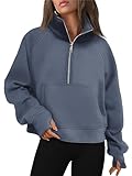 AUTOMET Damen-Sweatshirt, halber Reißverschluss, kurzer Fleece-Viertelreißverschluss, Kapuzenpullover, Herbst-Outfits, Kleidung, Daumenloch, Grau/Blau, S