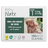 Eco by Naty Baby Öko Windeln - umweltfreundliche Premium-Bio Windeln aus pflanzenbasierten Materialien, ideal für empfindliche Babyhaut (Größe 1 - 100 Stück) - MONATSBOX