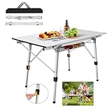 HSHa Alu Campingtisch, Gartentisch Reisetisch, Campingtisch Klappbar Höhenverstellbar 90 x 52 x (45-68) cm, mit Netzschicht, Leichter Tragbarer Campingtisch bis 30 kg, Silber