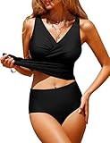 UMIPUBO Tankini Damen Bauchweg Sexy V-Ausschnitt Badeanzug Sets Große Größen Push up Bademoden Hight Waist Bikini Set Badehose(Schwarz,M)