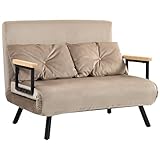 HOMCOM Schlafsofa, Klappbett mit Bettfunktion, Verstellbarer Rückenlehne, 2-Sitzer Polstersofa mit Wurfenkissen, Samtoptik, für Wohnzimmer, Schlafzimmer, Hellbraun