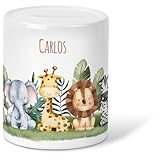 GRAVURZEILE Spardose für Kinder - Tiergruppe Design - mit Namen personalisiert - Geschenk für Jungen & Mädchen zum Geburtstag Kommunion - Geschenk für Kinder zum Sparen - Safari