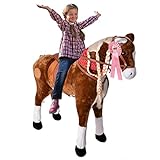 TE-Trend Pferde Spielzeug Schaukelpferd Pferd zum draufsitzen Stehpferd mit Reitpferd Zubehör Turnierschleife Spielpferd zum Reiten als Mädchen Geschenk mit 112cm Kopfhöhe braun