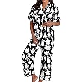 Generisch Damen-Pyjama-Sets mit dekorativem Blumendruck praktischer Knopfleiste als Bequeme Nachtwäsche für erholsame Stunden zu Hause (Black, M)