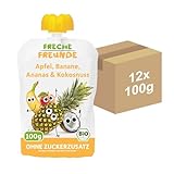 FRECHE FREUNDE Bio Quetschie Apfel, Banane, Ananas & Kokosnuss, Fruchtmus im Quetschbeutel, für Kinder & Babys ab 6 Monaten, vegan, glutenfrei, 2x 6er Pack (12 x 100g)