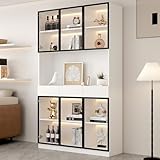 Merax Vitrinenschrank 200cm, Modern LED Glasvitrine Bücherschrank, Hochschrank Standvitrine mit Glasschrank Tür, Highboard Sammlervitrine mit 6 Türen 3 Schubladen, für Wohnzimmer Esszimmer Büro, Weiß