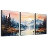 MHARTK66 Aquarell Wald Leinwand Bilder Set Wohnzimmer, Sonnenuntergang Seewasser Wandbilder Schlafzimmer, Herbst Berg Landschafts Bilde Aesthetic, Modern Wandeko Wandkunst Badezimmer Flur Büro