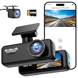 Dashcam Auto 4K+1080P SIGRILL Dashcam Auto Vorne Hinten, WiFi Dash Cam APP Steuerung, kostenlose 64-GB-Karte, Ultra Nachtsicht Daschcam, 24H Parkmodus, G-Sensor, Loop-Aufnahme, Max 256GB