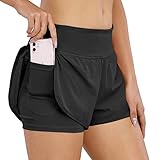 COTOP Sporthose Damen Kurz Sommer, Laufhose High Waist 2 in 1 mit Tasche, Elastisch Schnelltrocknende Running Shorts für Fitness Joggen Gym Training (Schwarz L)