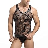 YJZQ Herren Mesh Transparent Bodysuit Spitzen Tops Sissy Dessous Männer sexy Unterwäsche Erotik Weste ärmellose Einteiler Singlets Jumpsuit Nachtwäsche M-XL