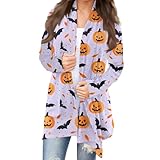Halloween-Kostüme für Damen, Erwachsene, 2025, Halloween-Strickjacke, Kürbis-Fledermaus-Druck, langärmelig, offene Vorderseite, Pullover, Strickjacken, 1A, Hellblau, XL