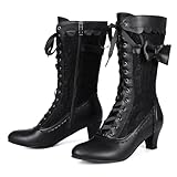 Voviggiw Damen-Viktorianische Stiefel im Vintage-Stil, Mittlere Waden, Reißverschluss, Kostüm, Renaissance, Hochzeitskleid-Stiefel, Schleifen, Schwarz, Größe 39 EU