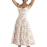 Odizli Korsett Kleid Damen Sommer Elegant Sexy Ärmellos Spaghettiträger Trägerkleid Blumenkleid Boho Style Midi Kleid mit Schlitz Lang Sommerkleid Strandkleid Festlich Casual Freizeitkleid Rosa S