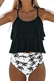 Beachsissi Tankini Badeanzug Stripe Print High Waisted Tummy Control 2-Teiler Badeanzug (M, Blatt)