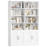FirFurd Bücherregal weiß Bücherschrank mit Türen Regal 12 Fächern Vitrinenschrank Standregal Hochschrank für Wohnzimmer Büro Küche 115 x 27 x 185,5 cm