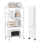 DEANIC Klappregal, 4 Regal Bücherregal, Küchenregale mit Rollen, Metallregal zur Aufbewahrung für Wohnzimmer, Speisekammer (61 x 116 x 28 cm, Weiß)