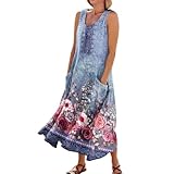 Strandkleid Damen Lose Tunika Freizeitkleid Blusenkleid Damen Sommer Ärmellos Sommerkleid Strandkleid Damen Boho Kleidung Damen Abendkleid Damen Elegant Damen Kleider Elegant Sommerkleid（1-Blue,XXL）