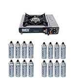 IMEX Gaskocher Edelstahl Campingkocher mit 16 Gaskartuschen und Tragekoffer/Aufbewahrungskoffer 2,2KW