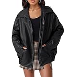 Lederjacke Damen Oversize Lang Kunstleder Motorrad Bikerjacke PU Leather Herbst Winter Mantel Bomber Jacke Outwear Streetwear