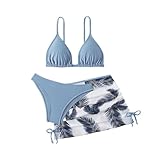 XINYUNZU Mädchen Badeanzug 3-Teilig Bikini mit Rock Set Blumen Bademode Sommer Schwimmanzug Badebekleidung Kinder und Teenager Badeanzüge Blau 12-13 Jahre