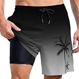 Badehose Herren 2 in 1 Badeshorts Schnelltrocknend Boardshorts Bademode Schwimmhose mit Kompression Innenhose Verstellbare Tunnelzug Trainingsshorts Palmenbaumdruck Sporthose Urlaub (Schwarz, S)
