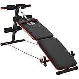 HOMCOM Sit Up Bank Bauchtrainer mit Trainingsbank Trainingsseile Multifunktion Verstellbar&klappbar Stahl Schwarz+Rot 110 kg Belastbarkeit 47 x 142 x 50-66 cm